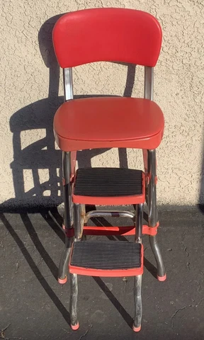 Vintage Retro Red Cosco Chrome Kitchen Step Stool Farm Chair Plant Stand Vinyl Cover