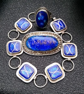 Original Art Deco German 1930s Silver Cobalt Enamel Set Bracelet Ring and Brooch - Picture 1 of 8