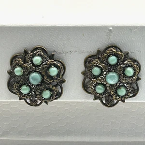 Vintage Czechoslovakia Filigree Screw Back Earrings Glass Cabochons Floral - Picture 1 of 23