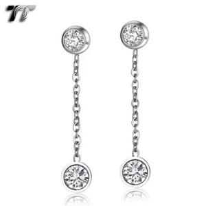 TT Silver S.Steel Bling Bling Clear CZ Dangle Earrings (EW48S) NEW - Picture 1 of 1