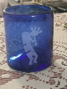 VTG '96 Signed Handblown Colbalt etched Kokapelli 3.5" Glass Holds 12 OZ - Picture 1 of 11