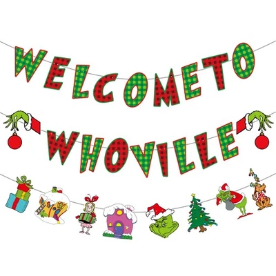 Decoraciones de Navidad Bienvenido a Whoville Santa Grinch Max Cindy Guirnalda Banner Foto 1 de 4