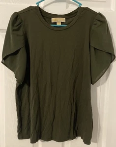 Michael Kors Women’s V-Neck Short Sleeve Top Size M Hunter Green Flutter Sleeves - Picture 1 of 5