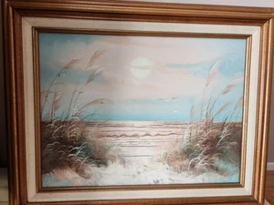 Vintage Küste Ölgemälde Meereslandschaft Strand Dünen Sonnenuntergang gerahmt Wandbild... - Bild 1 von 11