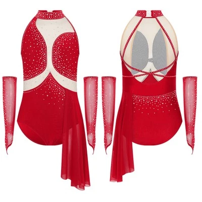 Kids Girls Lyrical Dance Dress Rhinestone Gymnastics Skirted Leotard with Gloves - Image 1 of 3