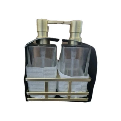 Juego dispensador de bomba de jabón y loción transparente de vidrio cuadrado dorado cepillado nuevo Foto 1 de 4