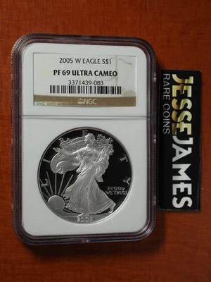 2005 W PROOF SILVER EAGLE NGC PF69 ULTRA CAMEO CLASSIC BROWN LABEL - Image 1 of 2