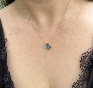 14K Solid Gold Heart Evil Eye Necklace 8” Choker   Protection Pendant - Picture 1 of 10