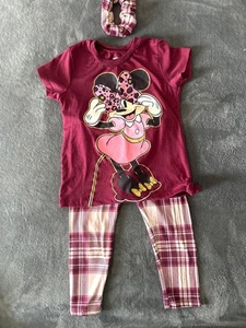 Disney Minnie Mouse Burgundy T-Shirt & Plaid Leggings Set For Girls Size 4 - Picture 1 of 9