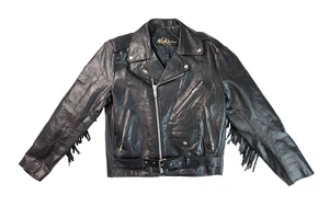 Niki Vintage Black Leather Fringe Belted Motorcycle Jacket Mens Size 38 Medium M - Picture 1 of 7