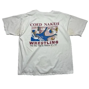 Vintage Coed Naked Wrestling T-Shirt Graphic White Adult On the Mat Sz XL - Picture 1 of 6