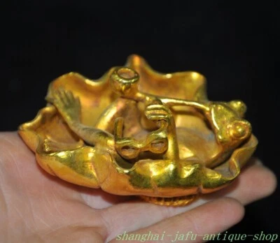 Antigua China Antigua Dinastía Bronce Dorado Hoja de Loto Rana Pluma Lavado Cenicero Estatua Foto 1 de 4