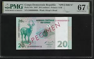 Congo Democratic Republic Specimen 20 Centimes 1997 PMG 67 EPQ UNC P#83s - Picture 1 of 4