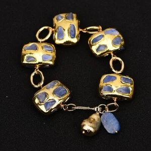 Natural Blue Kyanite Beads With Electroplated Edge Chain Bracelet Brushed Beads - Picture 1 of 6