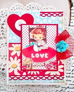 Handgefertigte Vintage Retro LOVE Girl m. Welpe Hund & Tupfen Valentinstag 50er Karte - Bild 1 von 2
