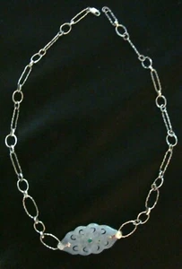 Delicate HANDMADE Sterling Silver White Jade Blue Green Detail Pendant Necklace - Picture 1 of 4