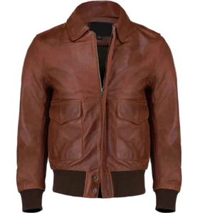 Men Airforce D. Cognac Dark Brown Leather Casual Slim Fit Real Biker Jacket - Picture 1 of 3