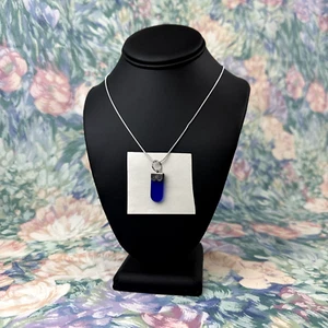 Vintage MFA 925 Sterling Silver Blue Glass Pendant Drop Necklace 18" Jewelry - Picture 1 of 5
