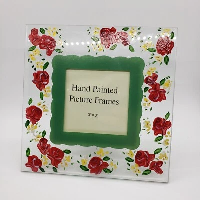 Marco cuadrado de vidrio biselado con mesa esmaltada floral rosas rojas pintadas a mano Foto 1 de 4