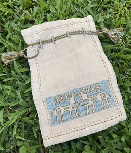 Vintage Primitive Deer Folk Art Hand Stitched Reticule Ecru Linen Bag Purse - Picture 1 of 12