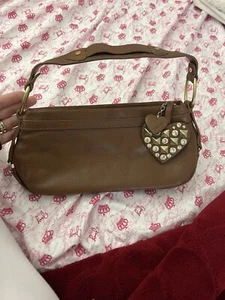 JUICY COUTURE Pebbled Brown Leather Studded Rhinestone Heart Baguette Handbag - Picture 1 of 7