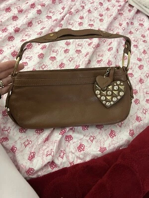 JUICY COUTURE Pebbled Brown Leather Studded Rhinestone Heart Baguette Handbag - Image 1 of 4
