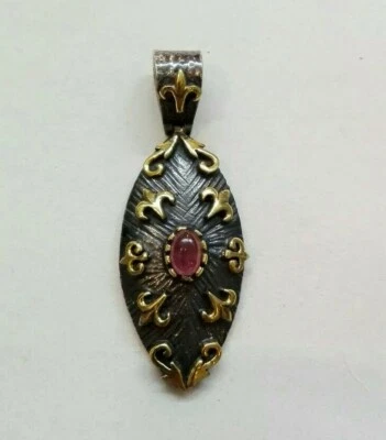 Ciondolo,pendente In Argento Brunito, Rifiniture Dorate E Tormalina rosa - Immagine 1 di 3