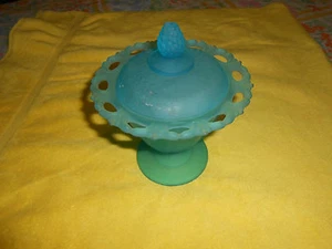INDIANA GLASS FROSTED BABY BLUE PEDESTAL COVERED CANDY DISH - Picture 1 of 7