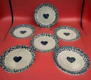 Blue Hearts Spongeware 6 Salad Plates Folk Craft Tienshan Stoneware 7.5" - Picture 1 of 7