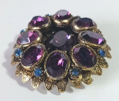 Vintage HATTIE CARNEGIE Layered Gold-tone Brooch Pendant w Purple & Blue Stones - Image 1 of 4