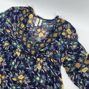 Anthropologie Meadow Rue Embroidered Sheer Blouse Petite XS Boho Floral - Picture 1 of 6