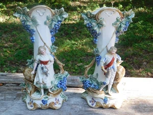 11" Antique Camille Naudot Dashing Man Woman Grapes Cask Porcelain French German - Picture 1 of 12