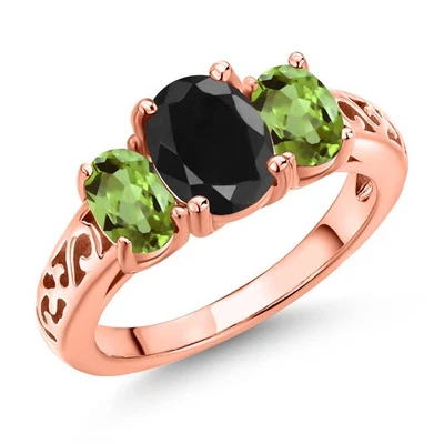 Anillo de plata enchapado en oro rosa de 18 quilates con peridoto verde zafiro negro ovalado de 2,66 quilates Foto 1 de 4