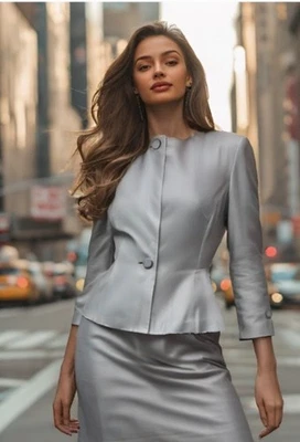 90s Herbert Grossman Cynthia Sobel Skirt Suit Silk Size Small USA Silver - Image 1 of 4