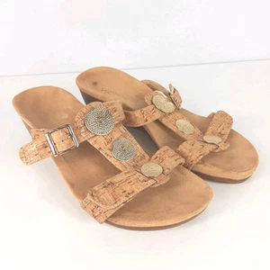 VIONIC Sandals Sz 8 Wedge Gold Tan straps Adjustable Comfort Shoes - Picture 1 of 22