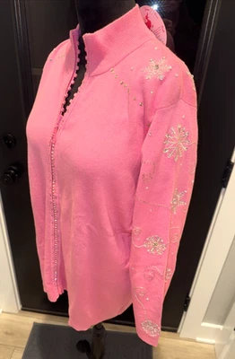 NWT QUACKER FACTORY Cardigan Zip Christmas Sweater Embroidered Bling Holiday 1X - Image 1 of 4