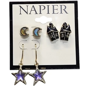 NEW Napier Gold & Crystal Trick or Treat Earring Set, Haunted House, Star, Moon - Picture 1 of 5