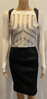 BYRON LARS BEAUTY MARK  Ivory/Black ribbed mesh sheath  long sleeve dress SZ 4 - Image 1 of 4