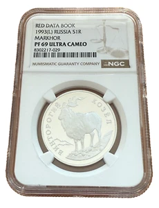 Russia 1993 Silver 1 Rouble NGC PF69UC Red Date Book - Markhor - Picture 1 of 2