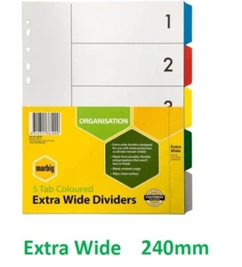 Marbig 36100 Extra Wide 5 Coloured Tabs A4 Polypropylene 5 Tab 240mm B184 - Picture 1 of 1
