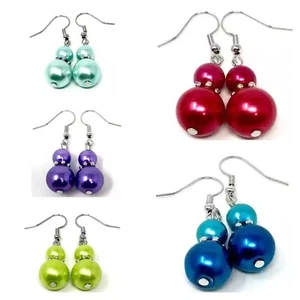 Double Bead Drop Earrings, Colourful Fashion Jewellery, Red, Blue, Green, Purple - Picture 1 of 17