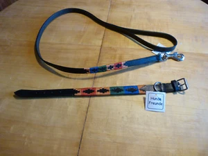 Set bunt gemustert - Halsband Leder 45 x 2 cm + Hundeleine Leder 1,4 m x 18 mm - Bild 1 von 2