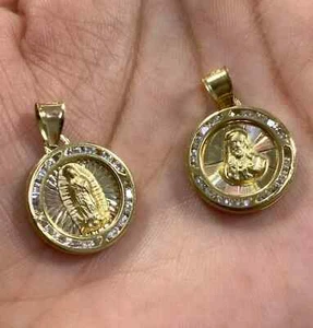 10 Karat Real Solid Round CZ Tri Gold Religious Virgin Mary & Jesus Double side - Picture 1 of 3