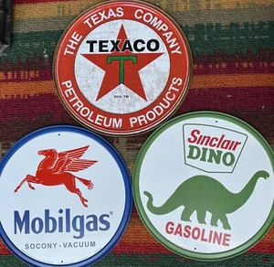 Mobilgas, Texaco & Sinclair Dino Gas * Round Metal 3 Tin Sign Sign Lot * New - Picture 1 of 5