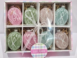 Easter Pastel Frosted Rhinestones Egg Shaped Glass Ornaments Tree Decor Set of 8 - Picture 1 of 5