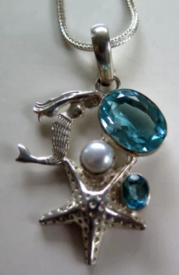 Collar de plata de ley 925 sirena aguamarina piedras, perlas, estrellas de mar 14,5 GR Foto 1 de 4
