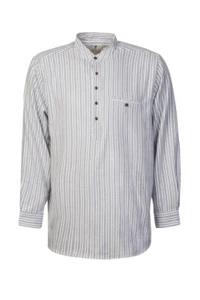 Men's Irish Flannel Collarless Grandfather Shirt Blue Ivory Stripe Gift - Picture 1 of 5