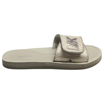 Michael Kors Slide Sandals Womens Size 7.5 Palmer Silver MK Logo Mesh Slip On - Image 1 of 4