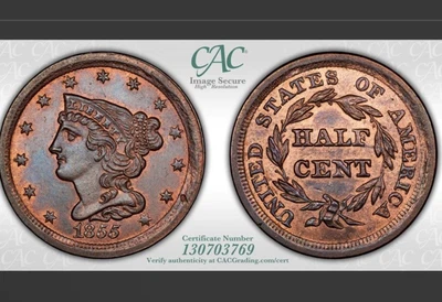 1855 MS64RB CAC Braided Hair Half Cent! Awesome Eye Appeal - Image 1 of 4
