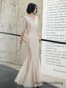 V-Ausschnitt Champange Abendkleider Meerjungfrau Elegant Party Ballkleider Cape Pailletten - Bild 1 von 14